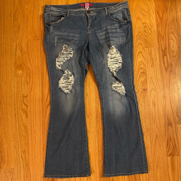 Pure Energy Distressed Flare Jeans - Picture 1 of 3
